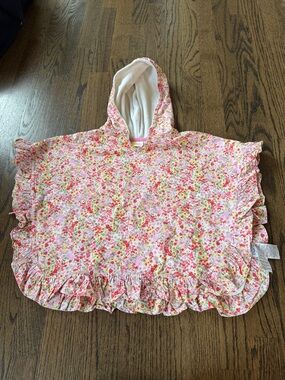 Mini Boden floral, hooded, terry cloth lined coverup cape with ruffle trim